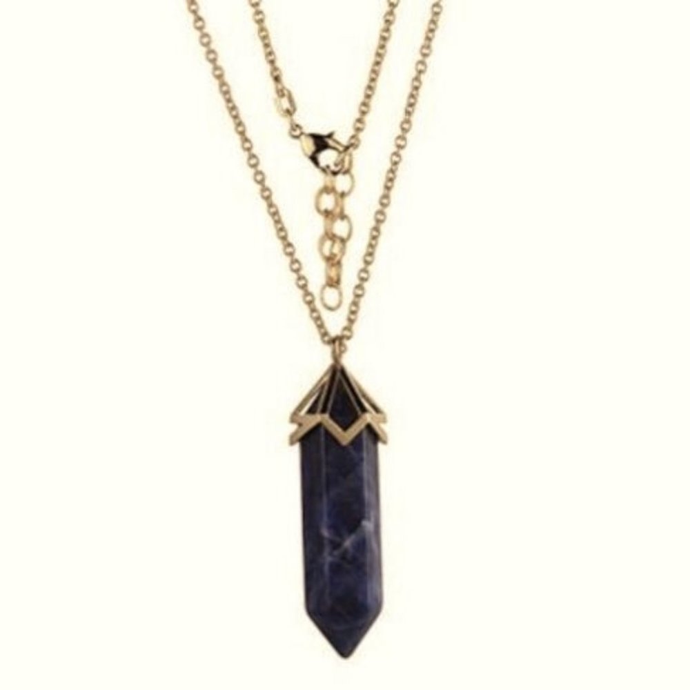 BLUE SODALITE HEXAGONAL PENDULUM PENDANT 32” YELLOW GOLD CHAIN NECKLACE OS